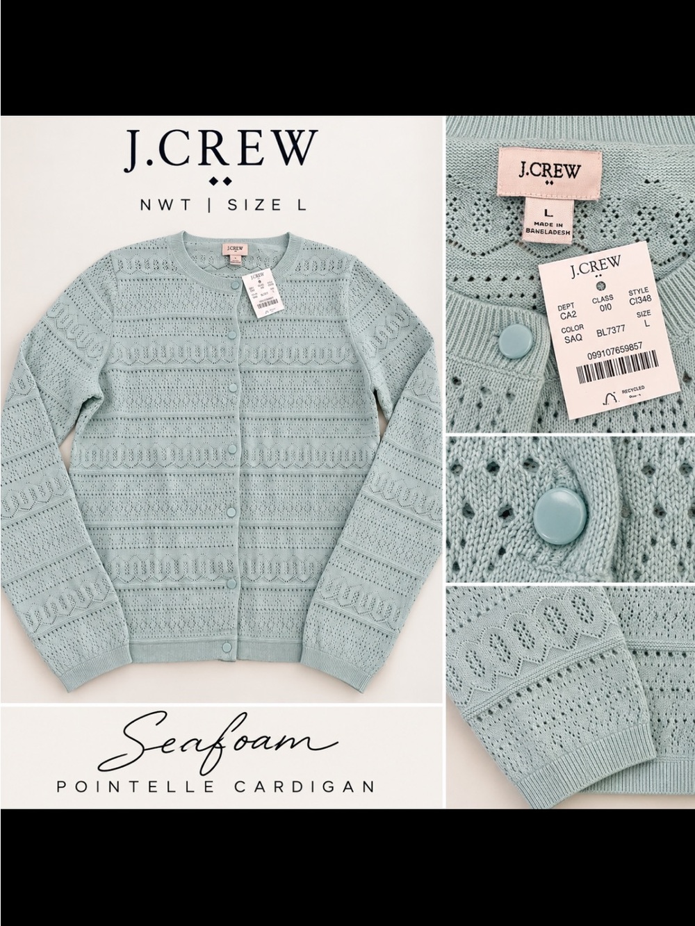 J. Crew Seafoam Pointelle Cardigan - Women's Lightweight Knit